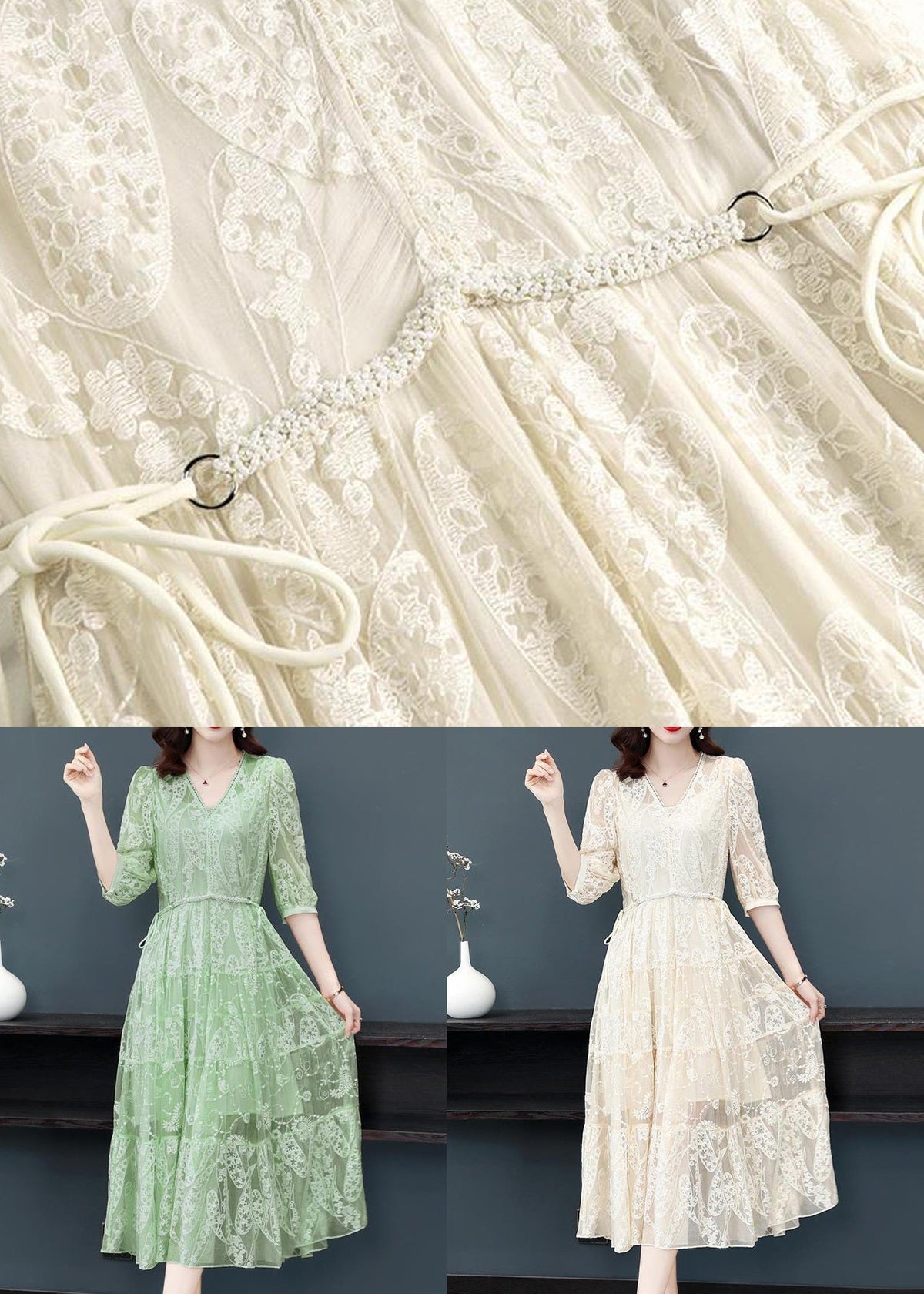 Deep V Scalloped Lace Paisley Embroidered Tiered Midi Dress