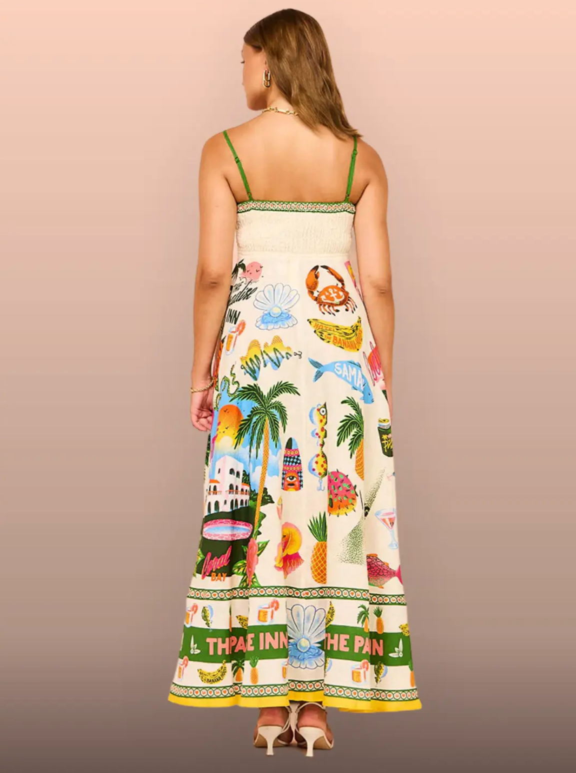 Square Neck Spaghetti Strap Tropical Souvenir Print Maxi Dress