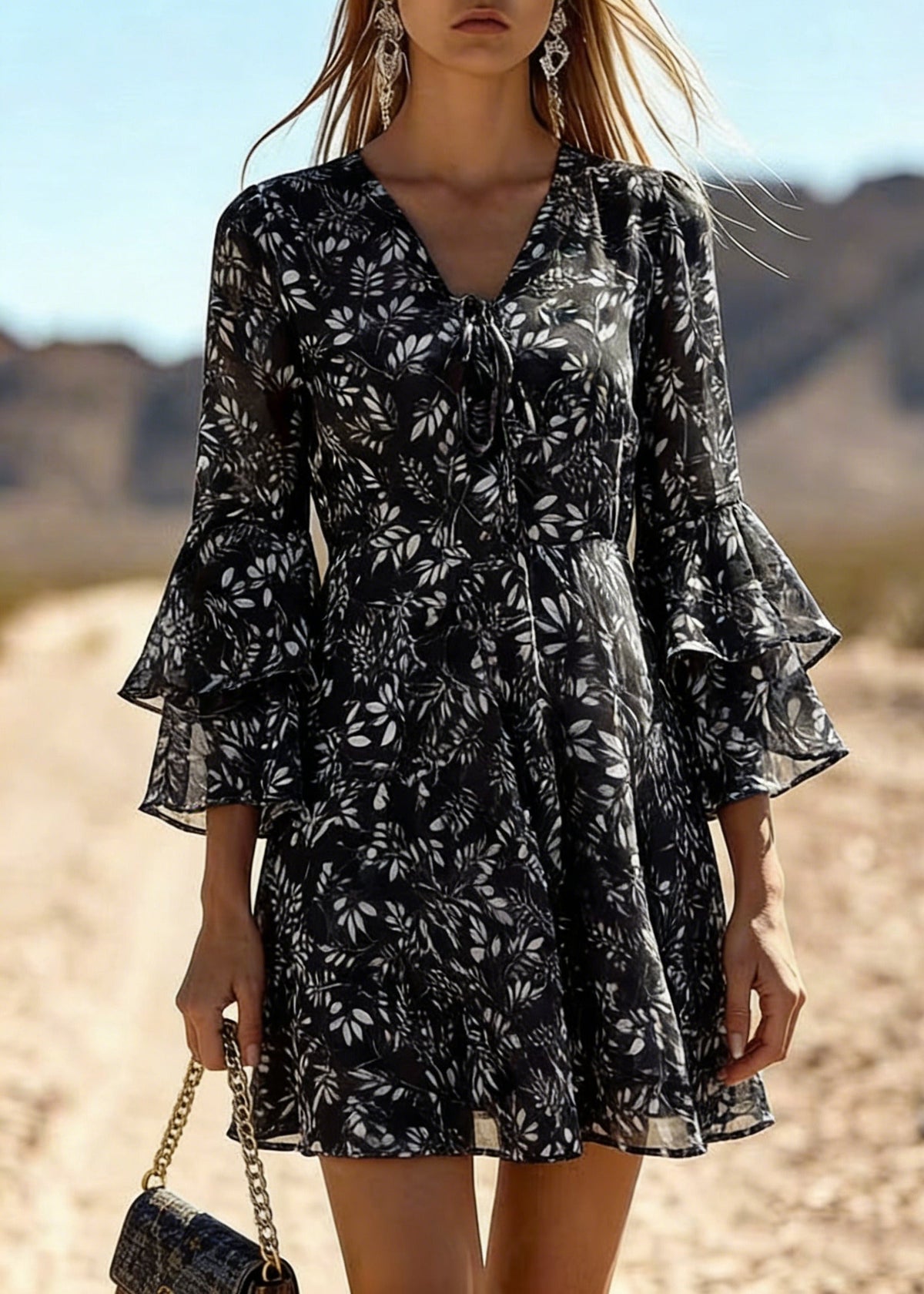 Deep V-Neck Tie-Front Leaf Print Tiered Bell Cuff Chiffon Mini Dress