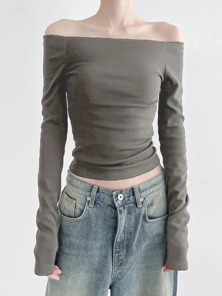 Black Slash Neck Elegant Long Sleeve Slim Knit Top