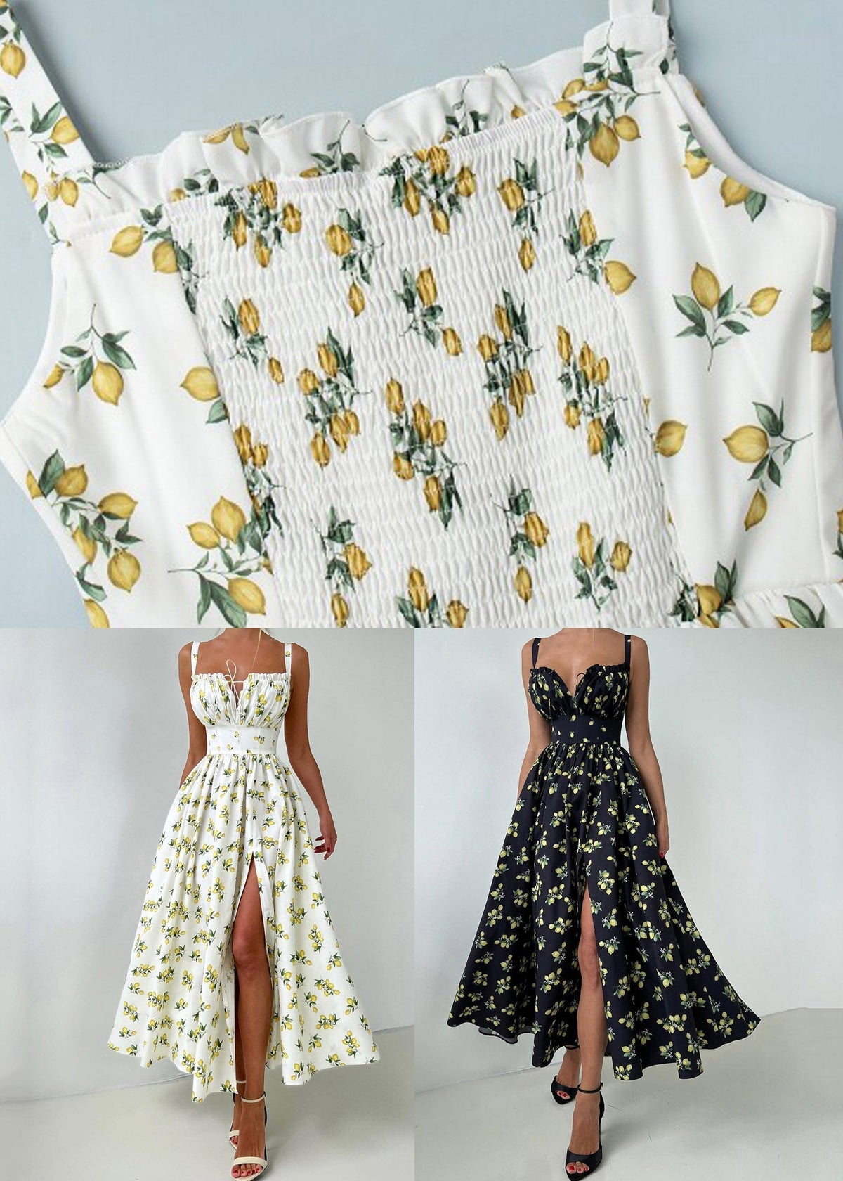Corset Sweetheart Wide Strap Lemon Print Thigh Slit Maxi Gown