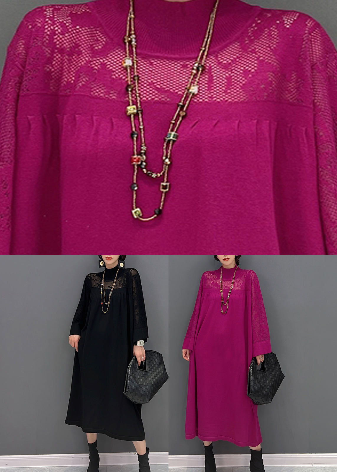 Mock Neck Lace Yoke Long Sleeve Oversized Midi Dress