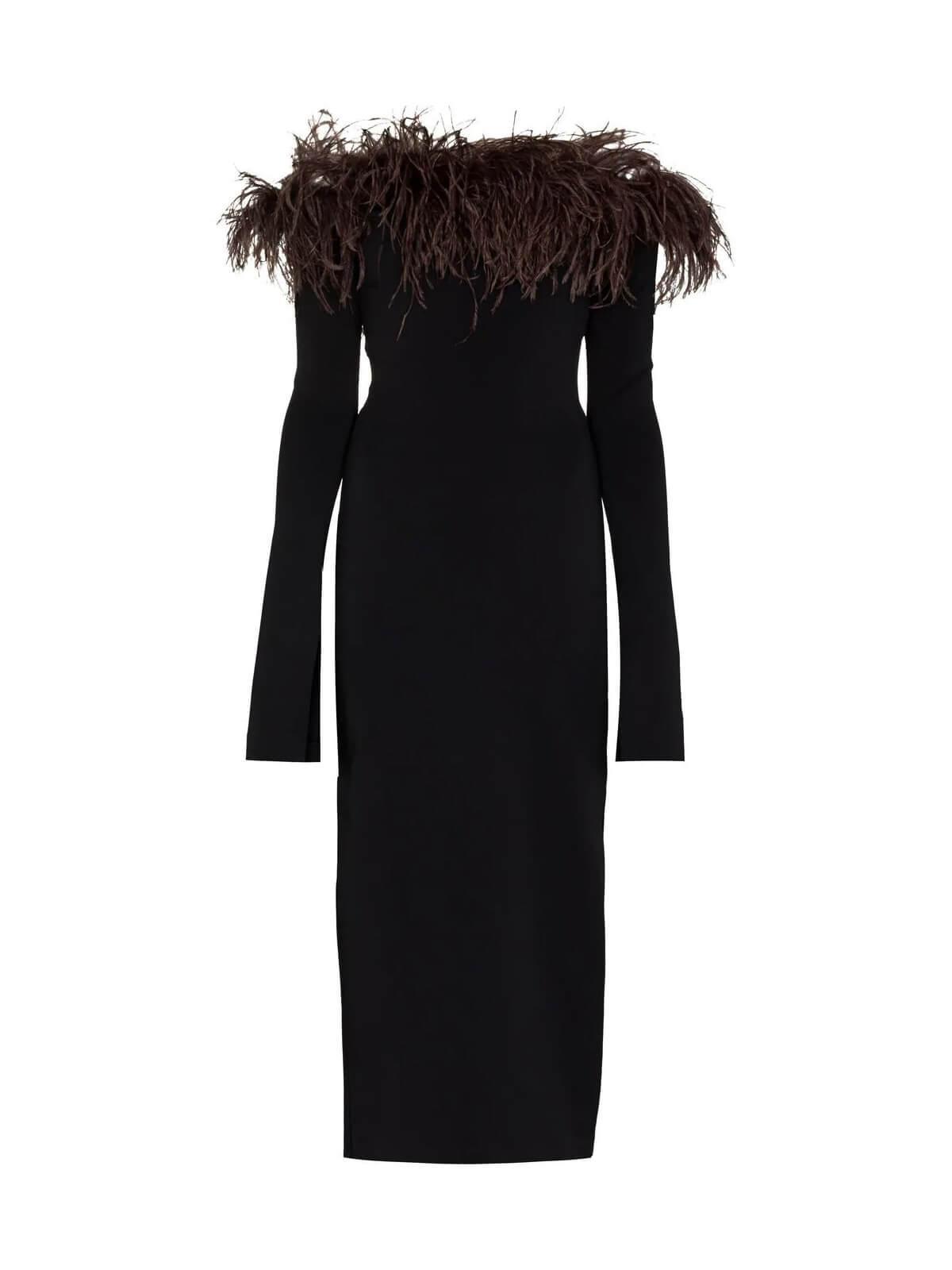 Off Shoulder Feather Trim Split Cuff Bandage Midi Dress