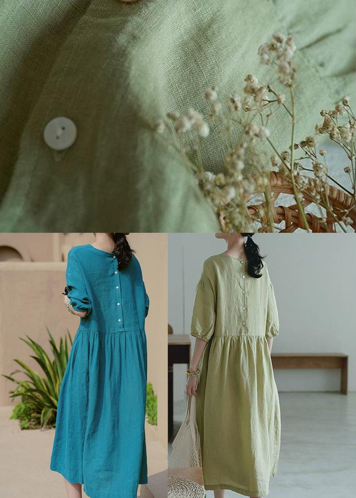 Crew Neck Empire Gathered Crinkle Linen Puff Sleeve Midi Dress