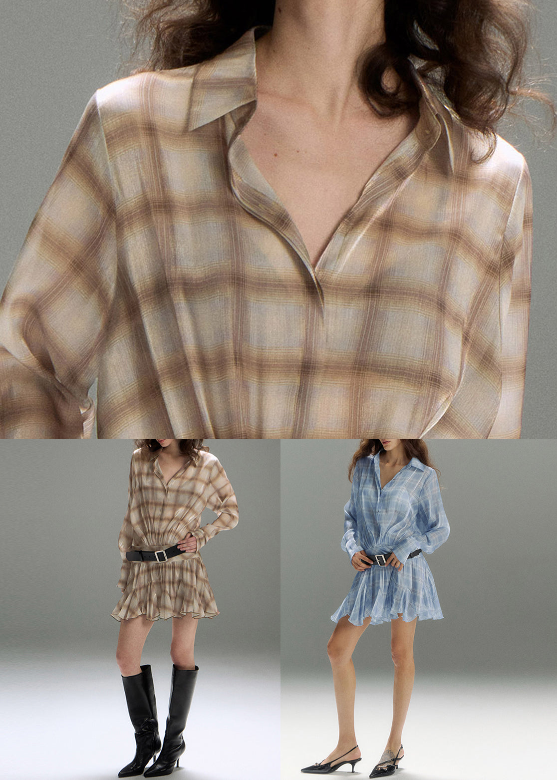 Plaid Peter Pan Collar Button Front Ruffled Mini Dress