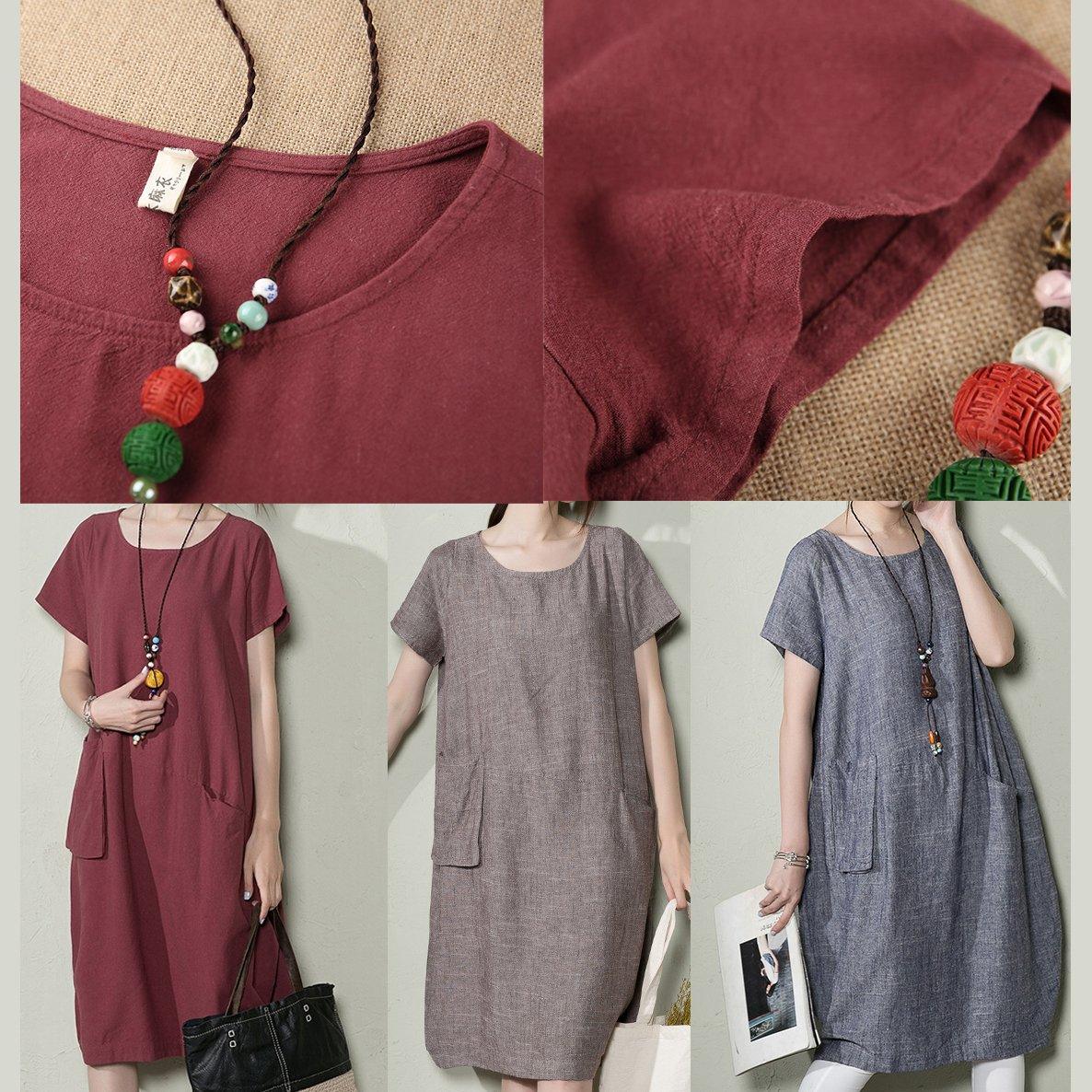 Round Neck Short Sleeve Patch Pocket Linen Midi Dress