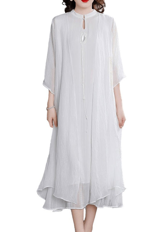 Mandarin Collar Embroidered Pendant Layered Crinkle Maxi Set