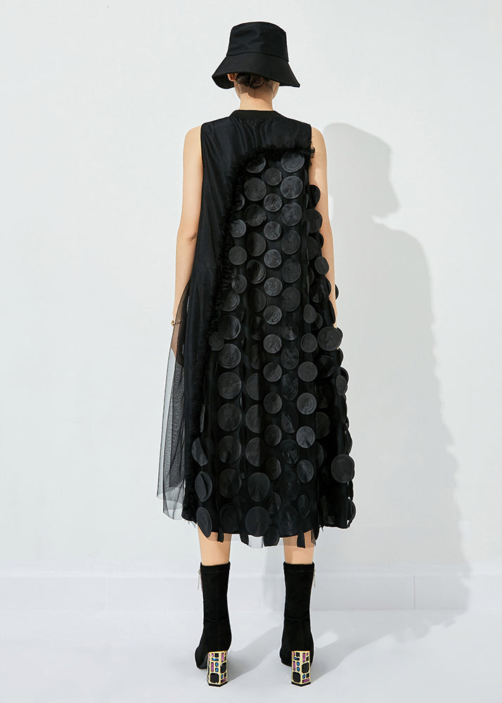 Mock Neck Sleeveless 3D Circular Applique Ruffle Trim Sheer Midi Dress