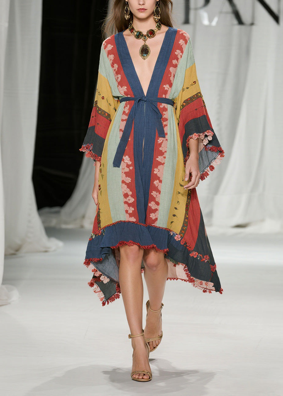 Deep V Neck Mixed Print Kimono Sleeve Tassel Fringe High Low Midi Dress