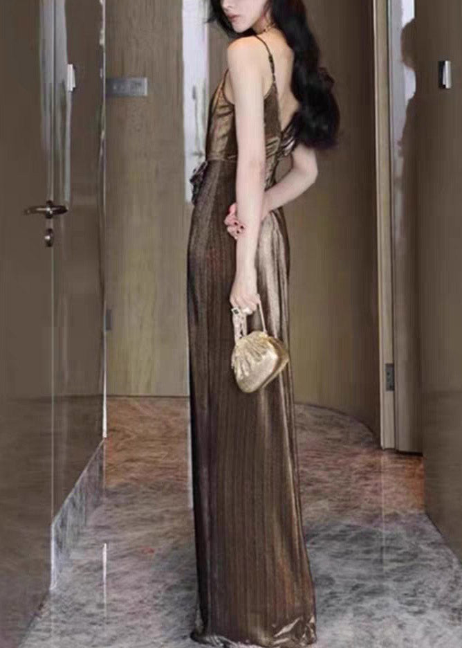 Asymmetrical One-Shoulder Pleated Wrap High-Slit Metallic Maxi Gown