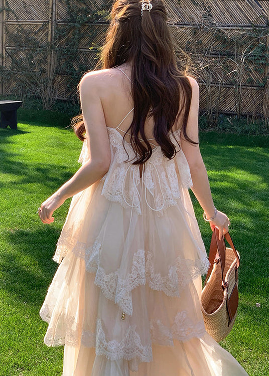 Spaghetti Strap Tiered Tulle Lace Border Ruffled Hem Maxi Dress