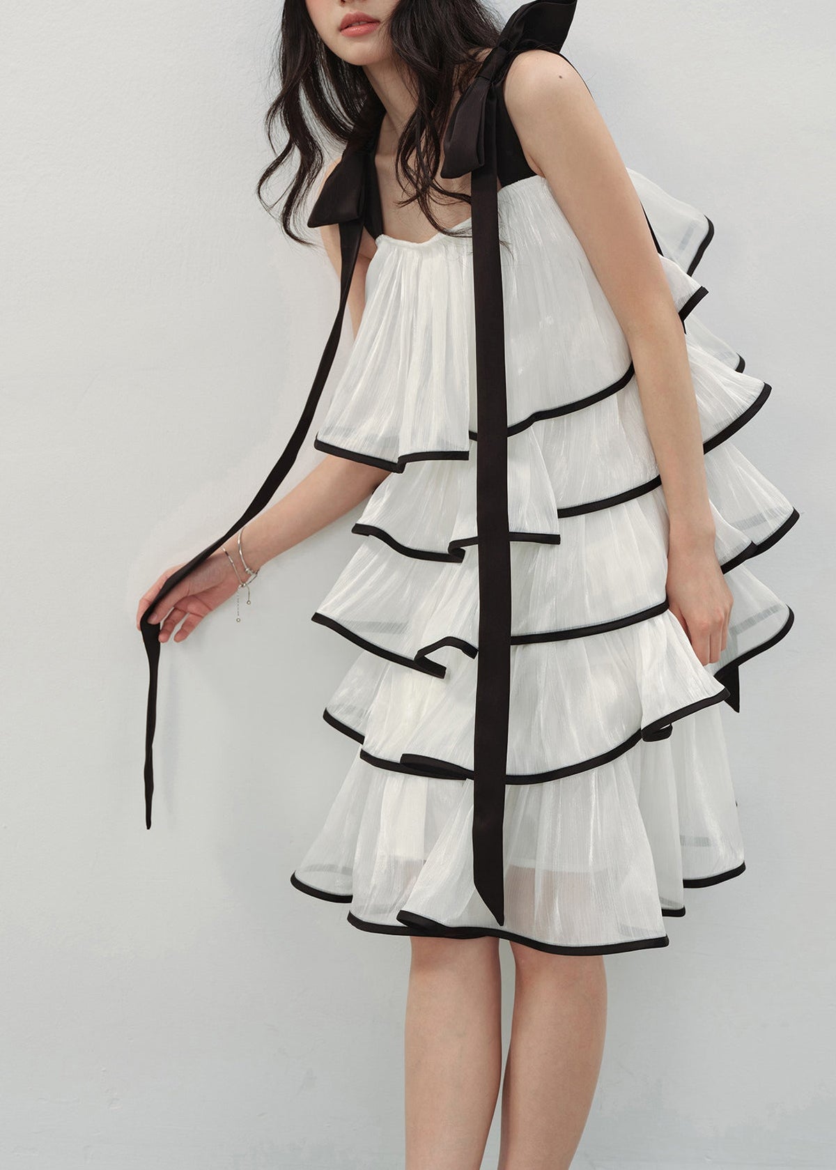 Bow Shoulder Ribbon Strap Contrast Piping Tiered Ruffle Babydoll Mini Dress