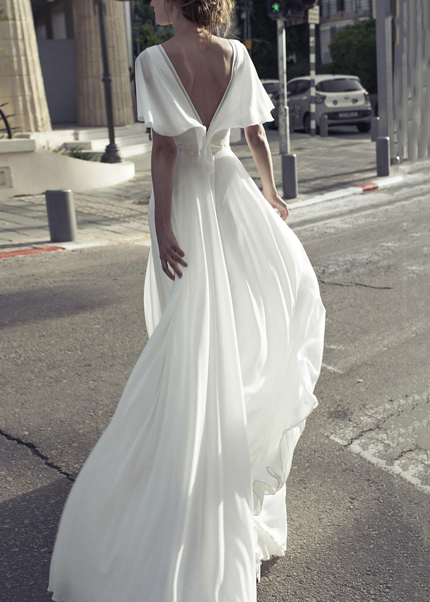 V-Neck Flutter Sleeve Embroidered Waist Maxi Dress