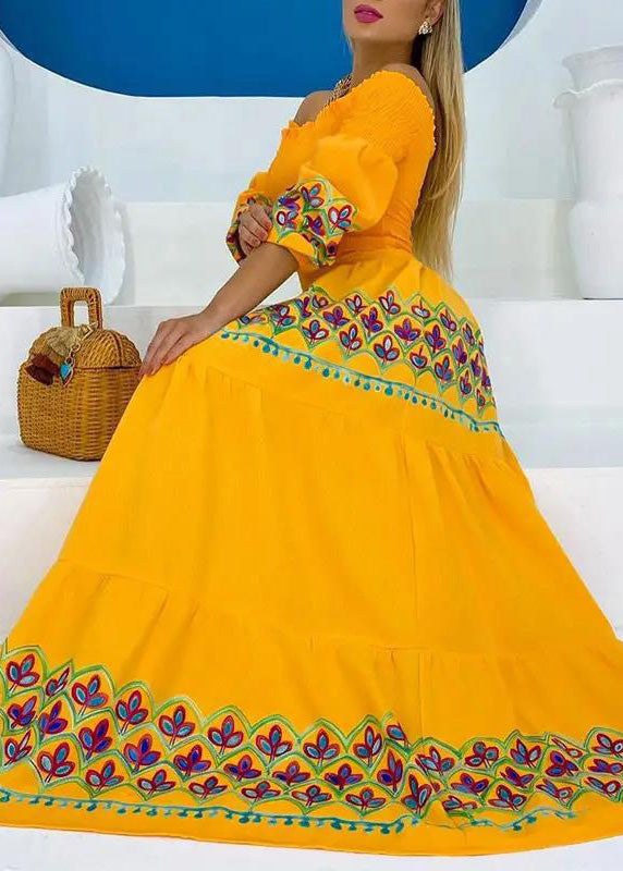 Off-Shoulder Smocked Puff Sleeve Tiered Border Print Maxi Dress