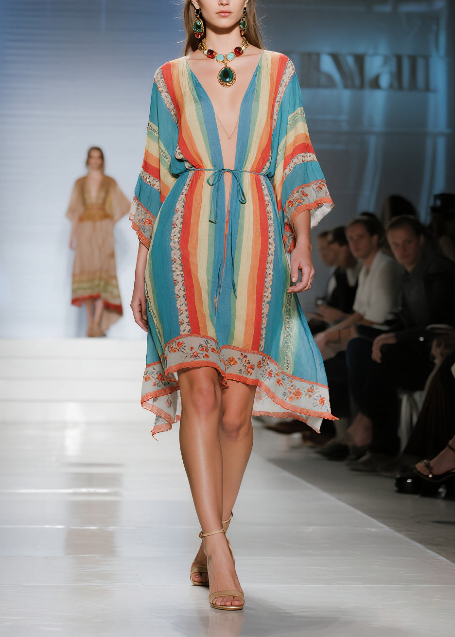Deep V-Neck Drawstring Waist Vertical Stripe Floral Border Hem Mini Kaftan Dress