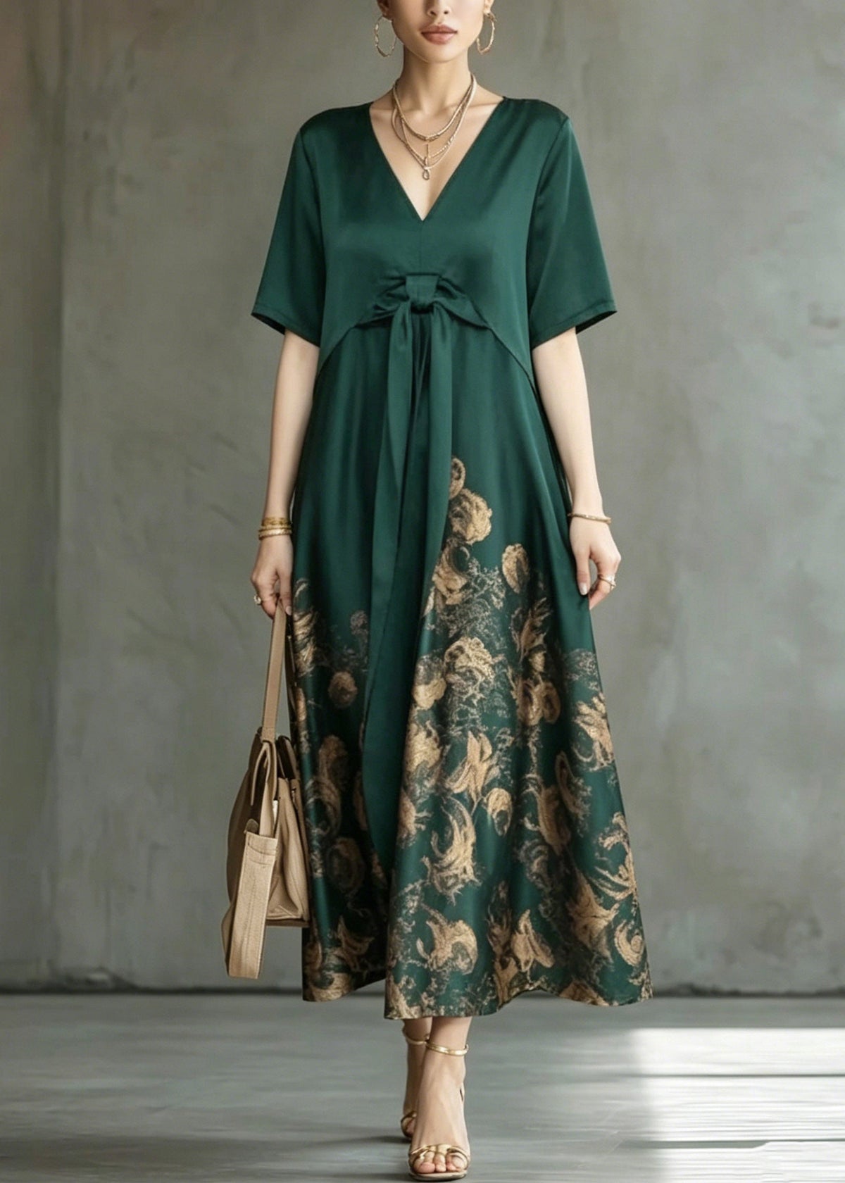 V-Neck Bow Tie Waist Floral Print A-Line Maxi Dress