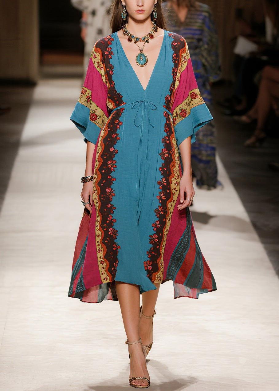 Deep V Neck Patchwork Floral Border Lace Up Kimono Midi Dress