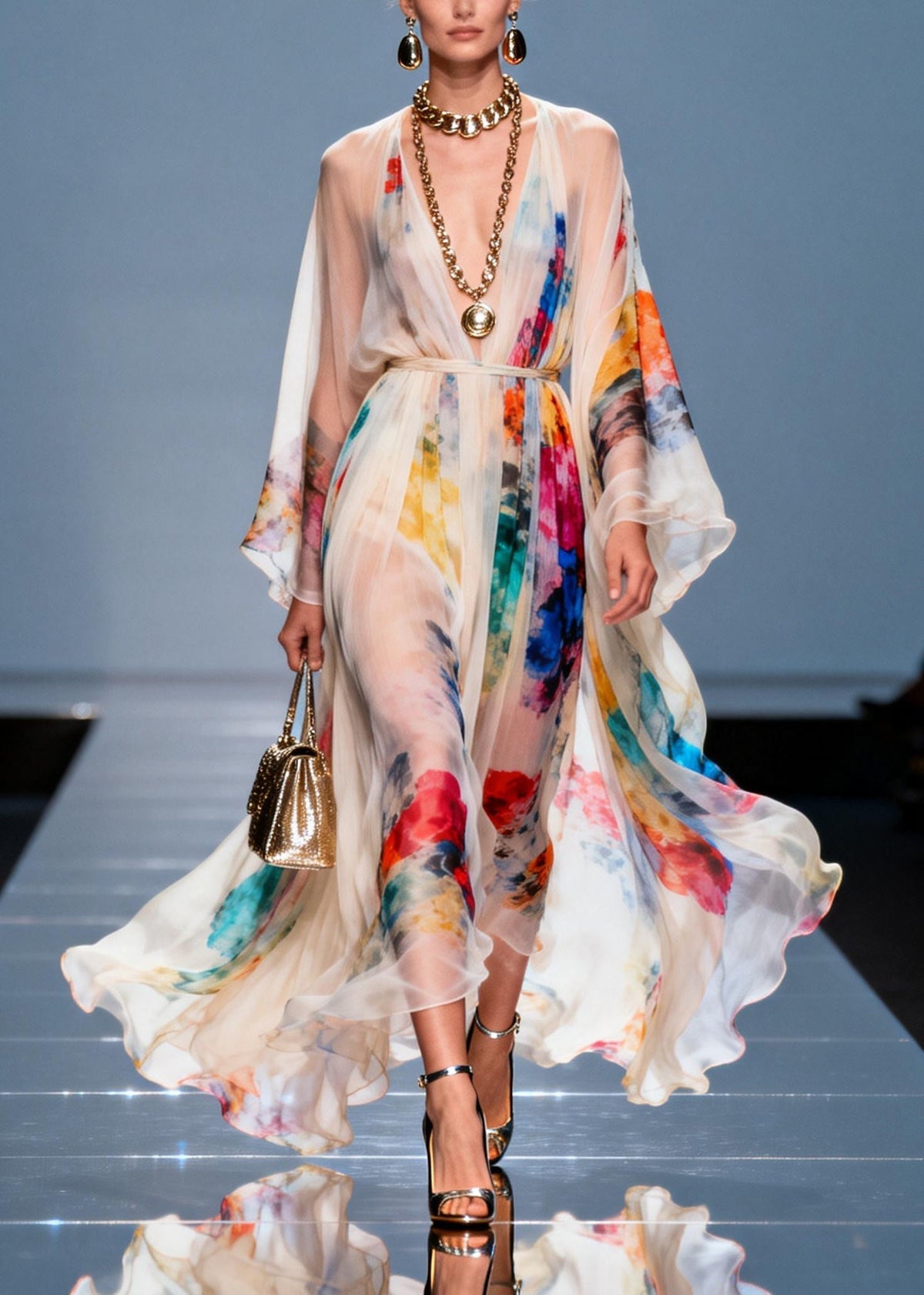 Deep V-Neck Kimono Sleeve Watercolor Print High-Slit Maxi Gown