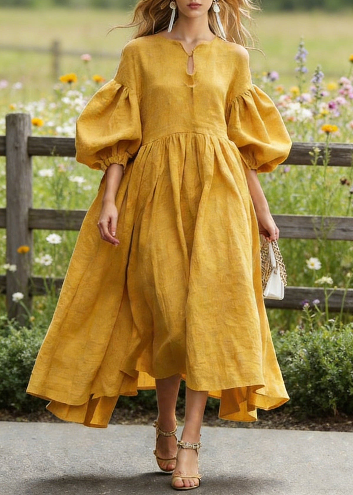 Round Neck Keyhole Empire Waist Puff Sleeve Linen Asymmetric Hem Maxi Dress
