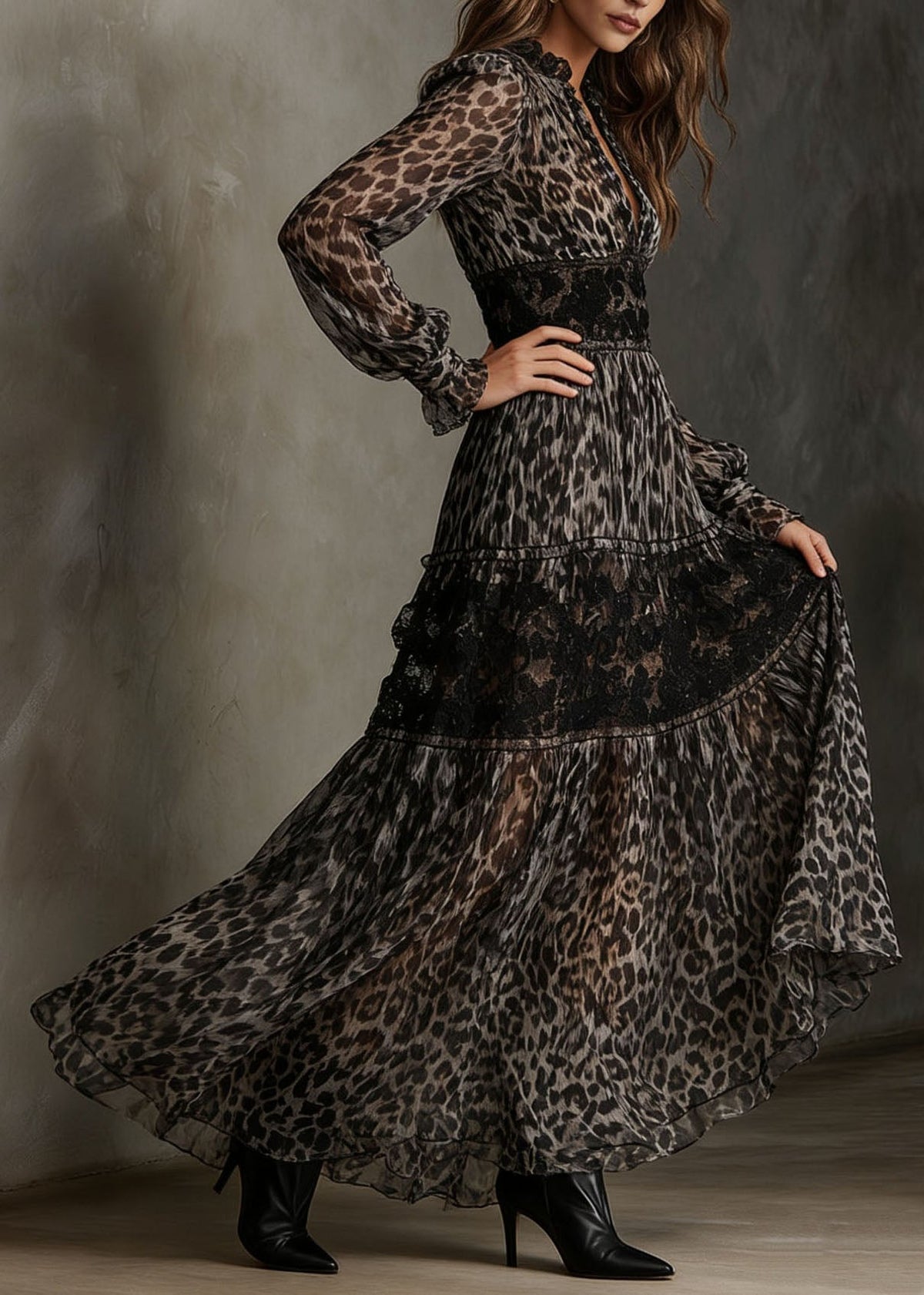 Ruffle Neck Deep V-Neck Lace Insert Bishop Sleeve Tiered Wildcat Print Maxi Dress