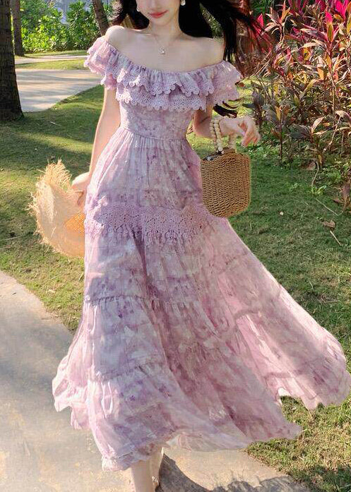 Off Shoulder Lace Band Tiered Ruffle Maxi Dress