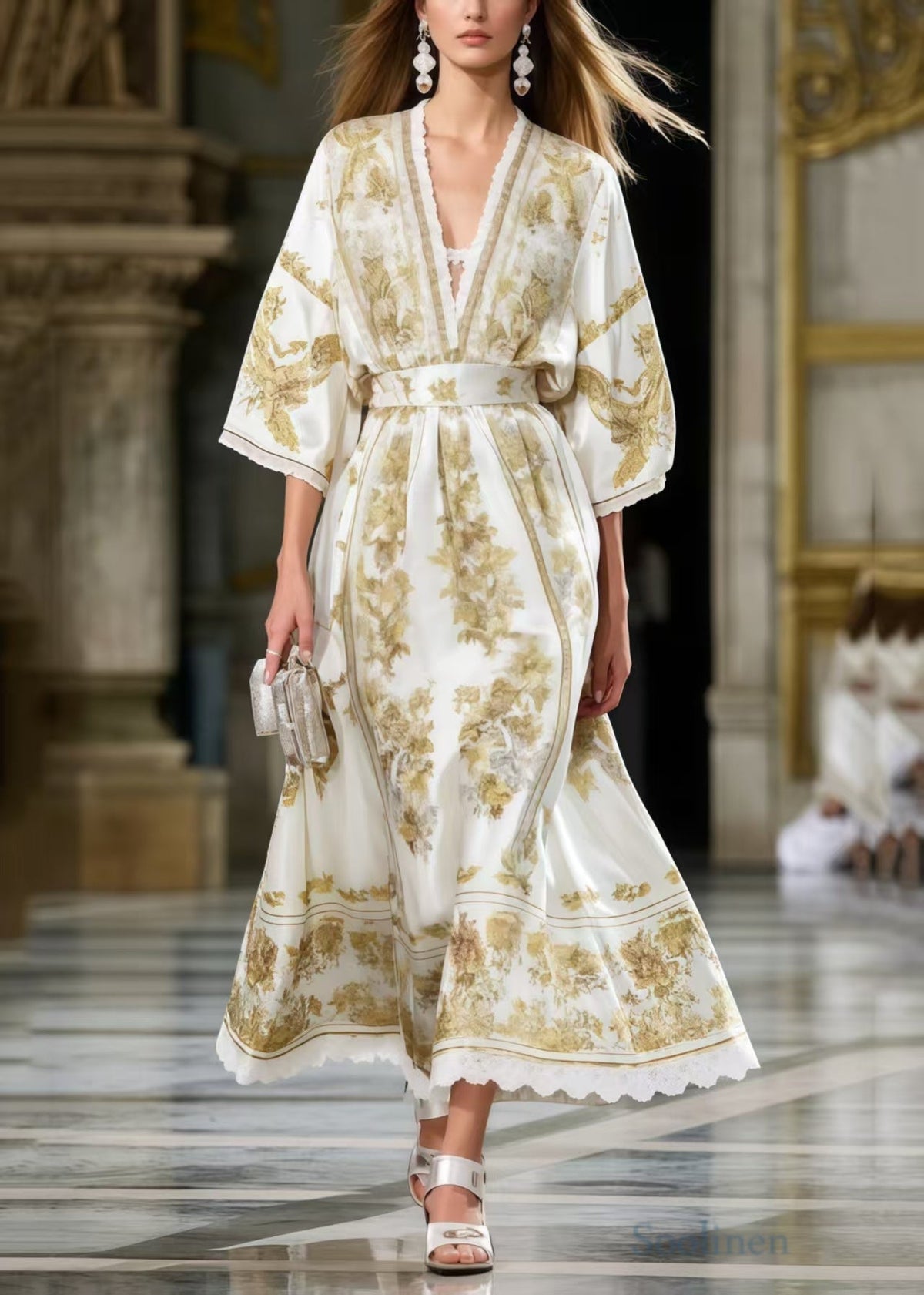 V-Neck Lace Trim Bell Sleeve Belted Scroll Floral Print Maxi Gown