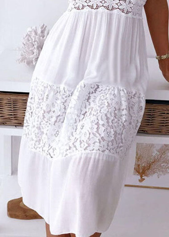 V-Neck Crochet Lace Tiered Panel Sleeveless Midi Dress