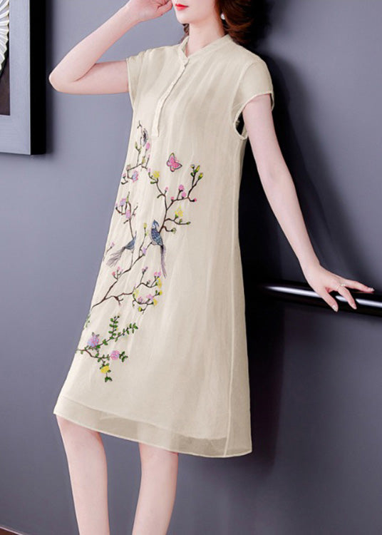 Mandarin Collar Bird Blossom Embroidered Cap Sleeve Shift Dress
