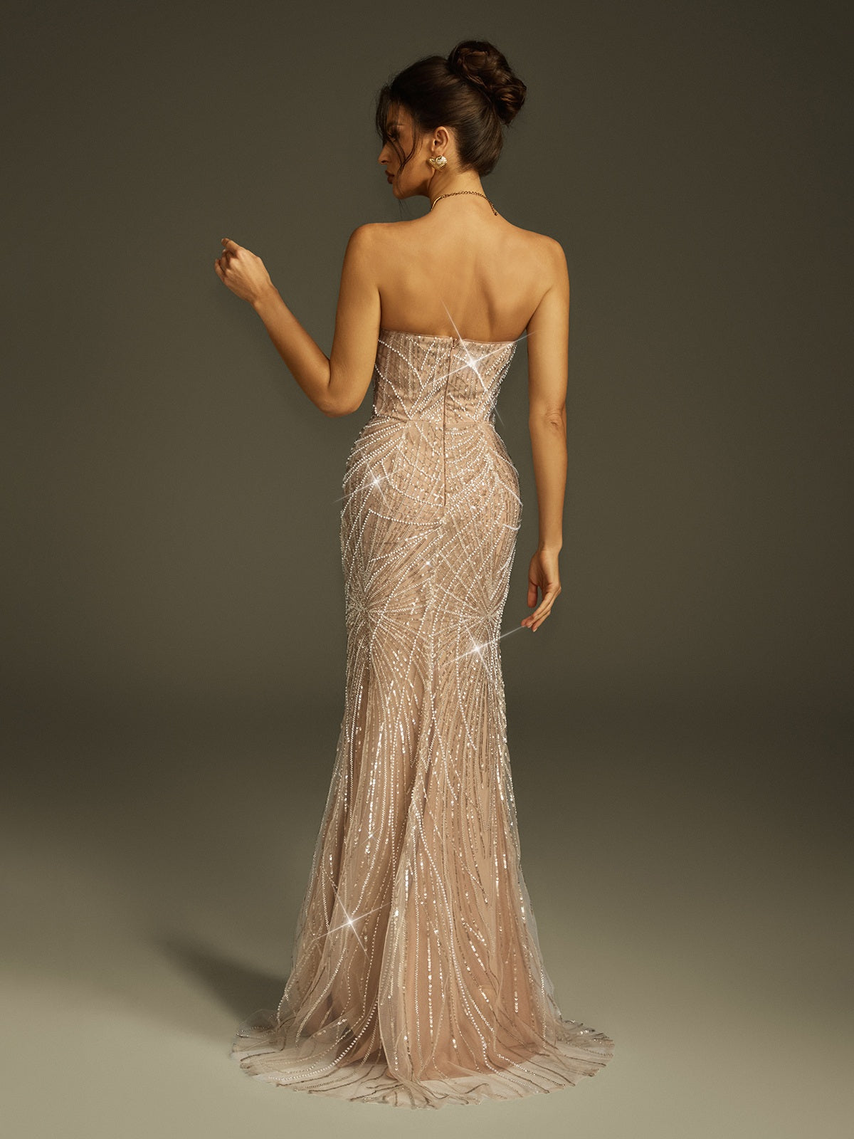 Strapless 3D Rosette Beaded High Slit Column Maxi Gown