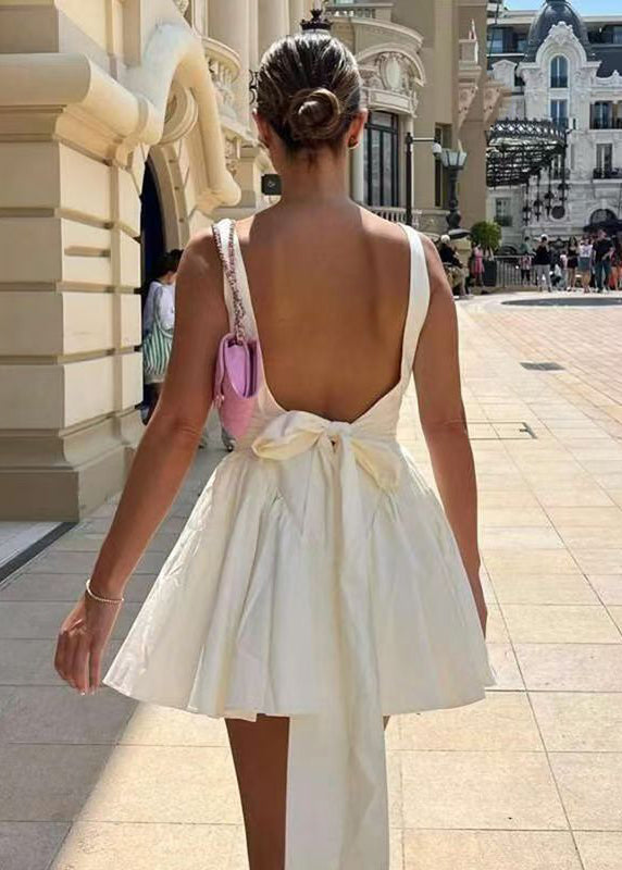 Square Neck Basque Waist Bow Back Pleated Mini Dress