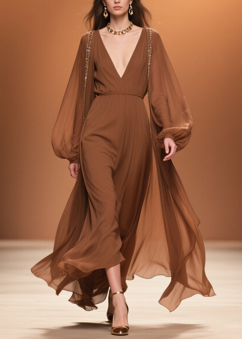 Deep V-Neck Lantern Sleeve Beaded Trim Cape Overlay High Waist Maxi Gown