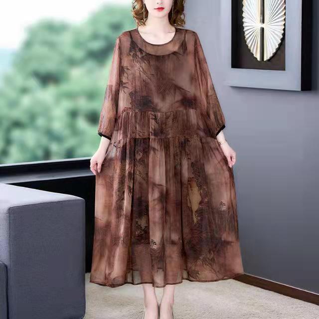 Round Neck Ink Wash Landscape Print Tiered Chiffon Midi Dress