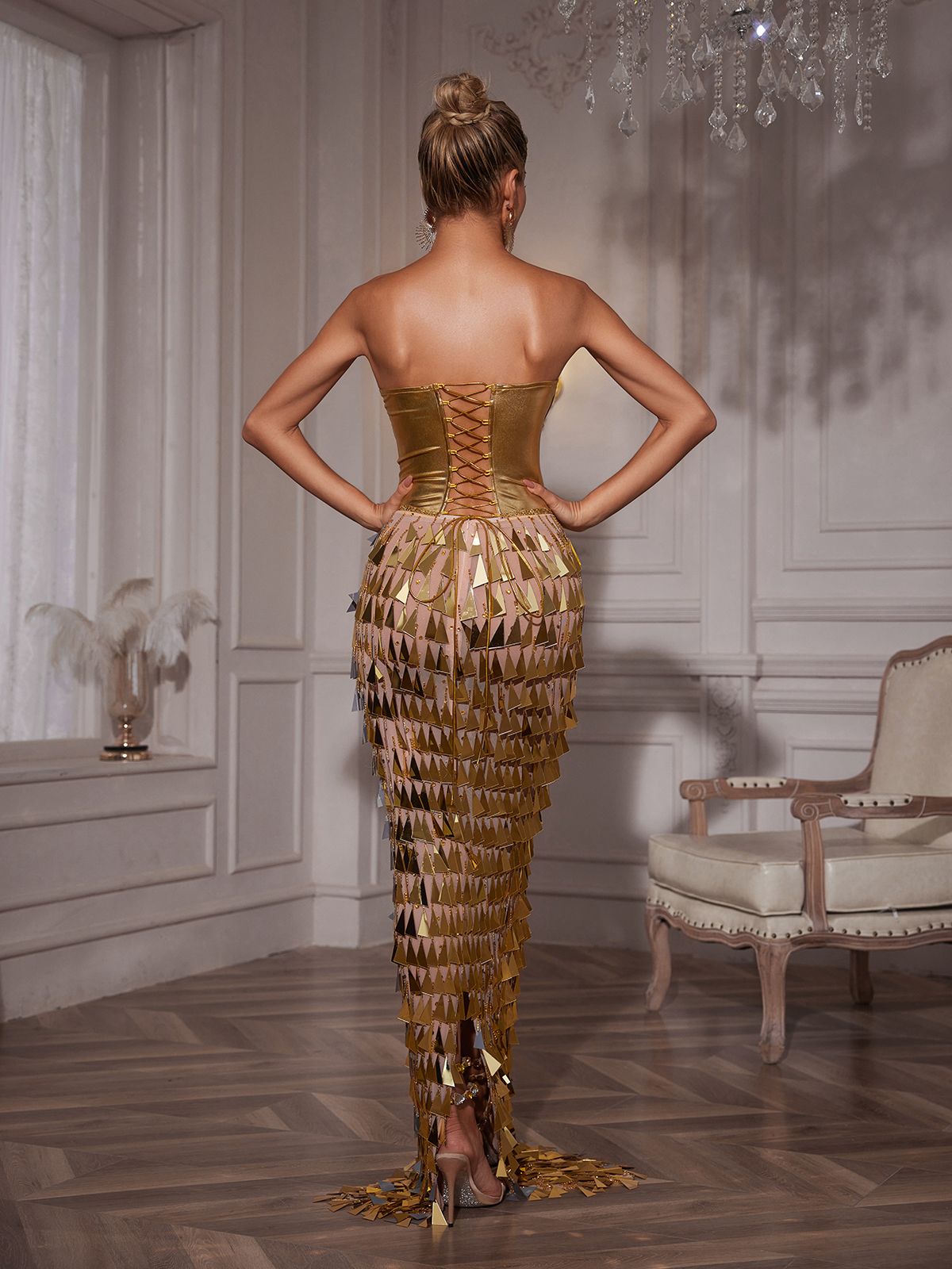 Corset Acrylic Fringe Column Maxi Gown