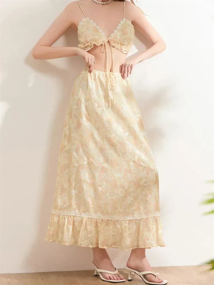Backless Tie-up Camisoles Crop Top with Long Skirts Set