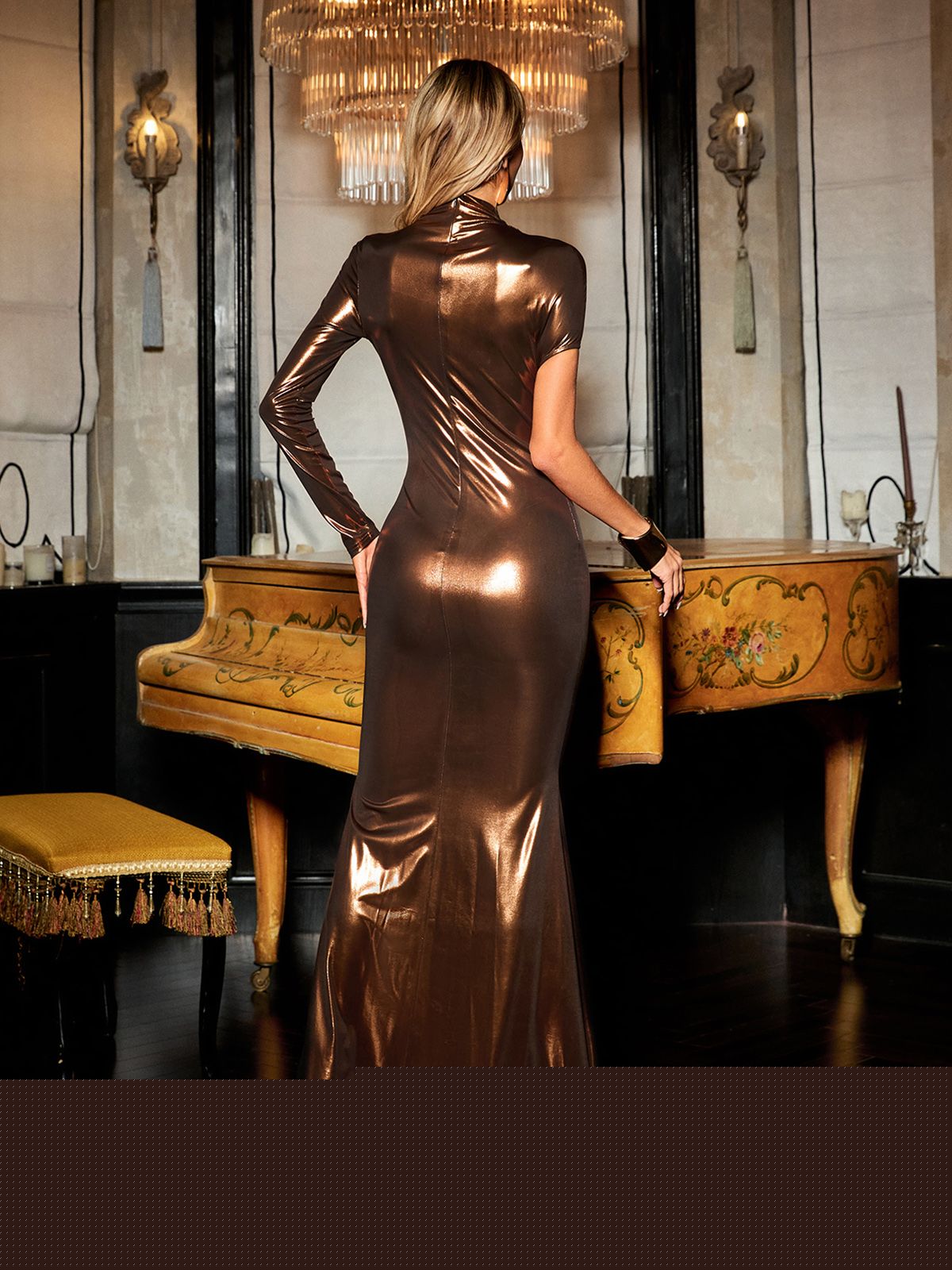 Cutout Metallic Column Maxi Gown