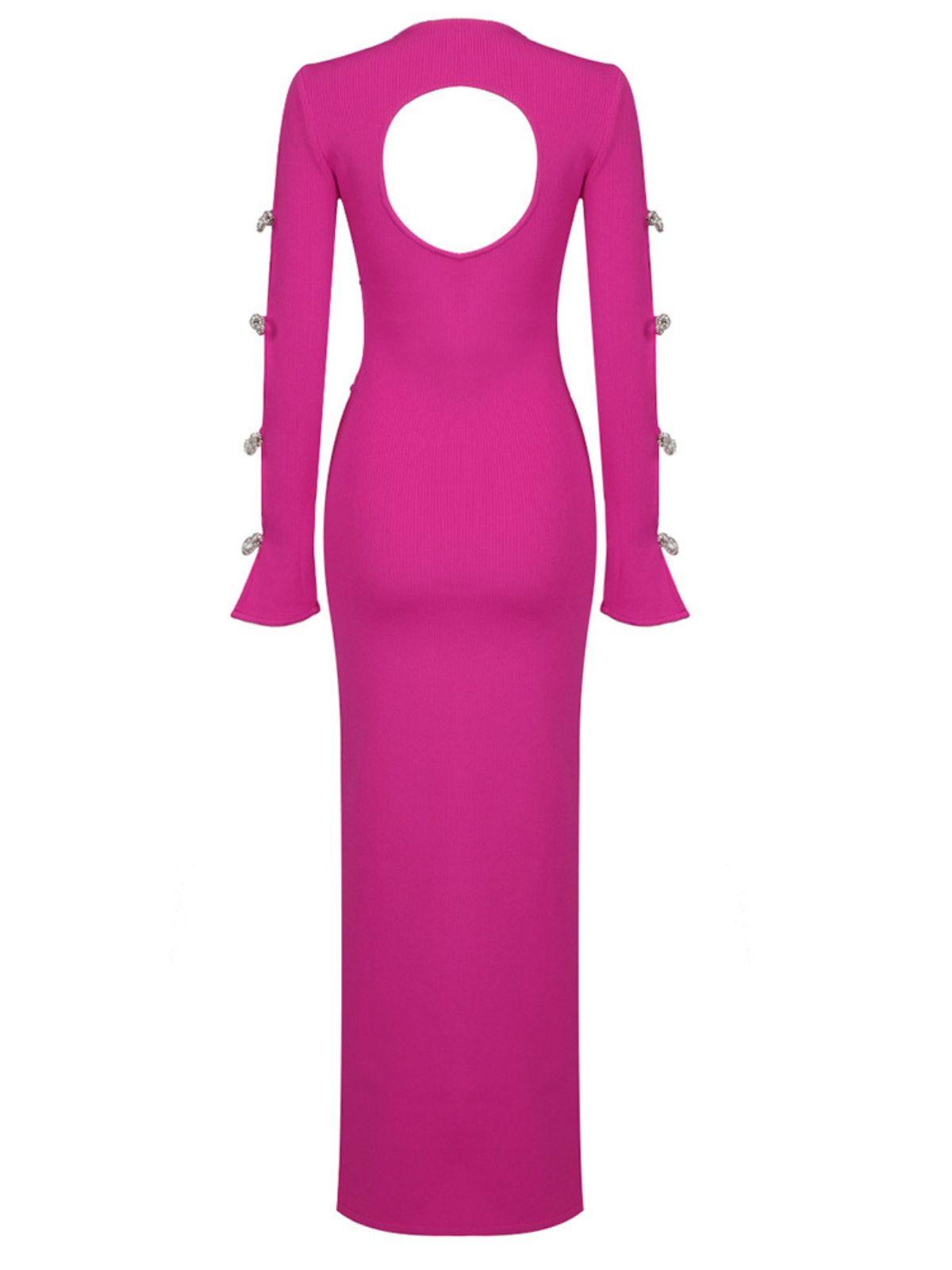 Round Neck Rib Knit Long Sleeve Bow Cutout Bandage Maxi Dress