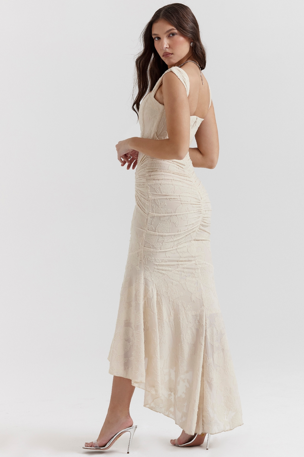 Wide Strap Corset Bodice Floral Burnout Ruched Mermaid Maxi Dress