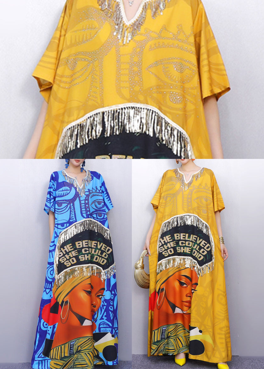 Fringe Trim Quote Graphic Portrait Print Kaftan Maxi Dress