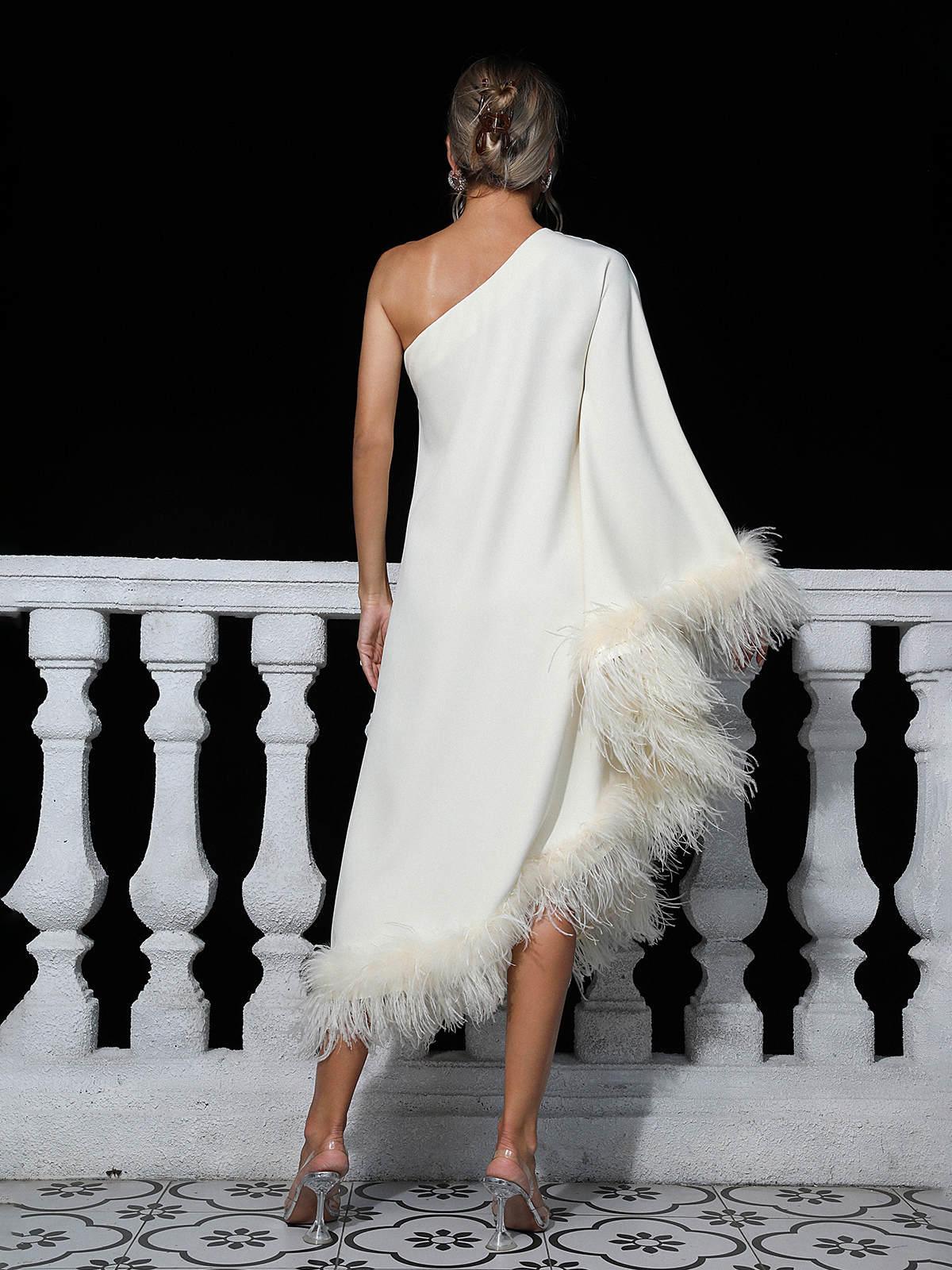 One Shoulder Long Sleeve Asymmetric Feather Trim Midi Dress