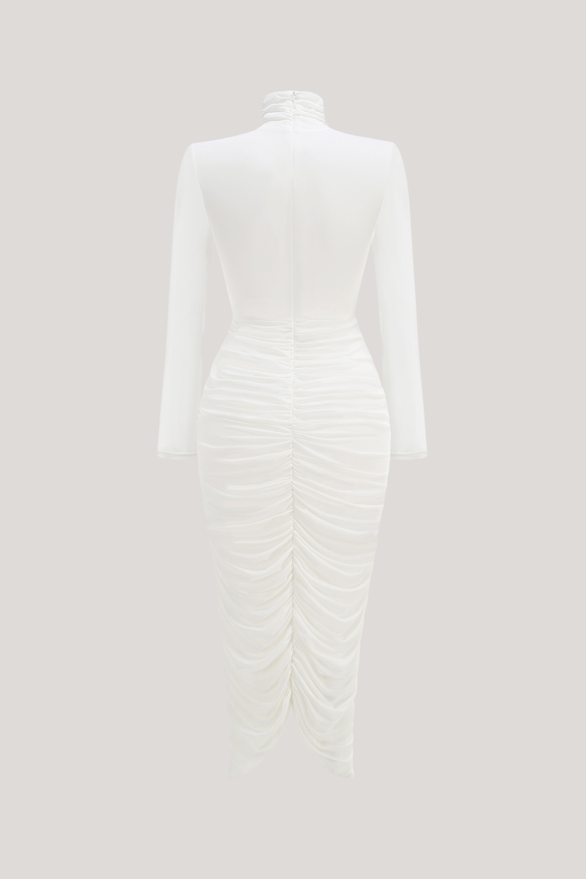 Mock Neck Long Sleeve Ruched Drape Front Slit Midi Dress