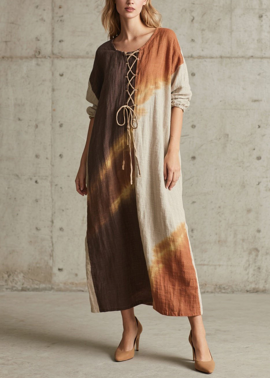 Round Neck Corset Lace-Up Batik Print Linen Maxi Dress