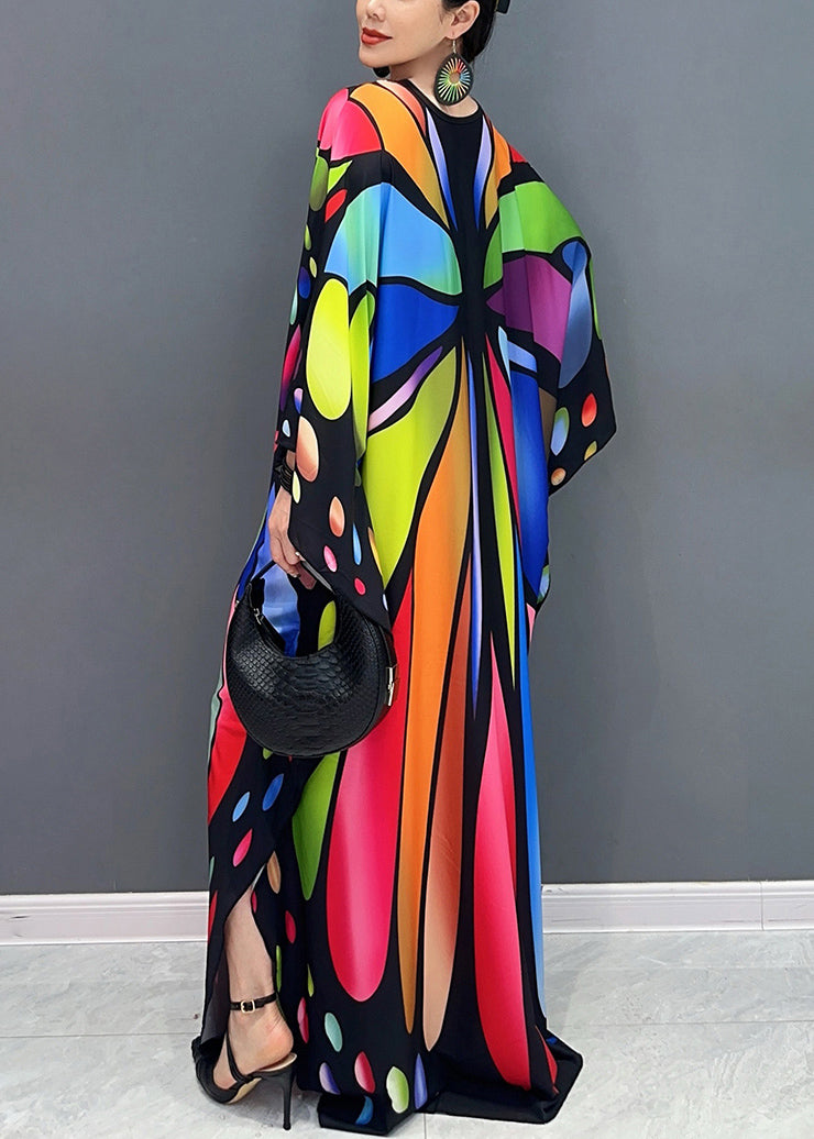 Deep V-Neck Center Buckle Butterfly Wing Print Batwing Maxi Kaftan Dress