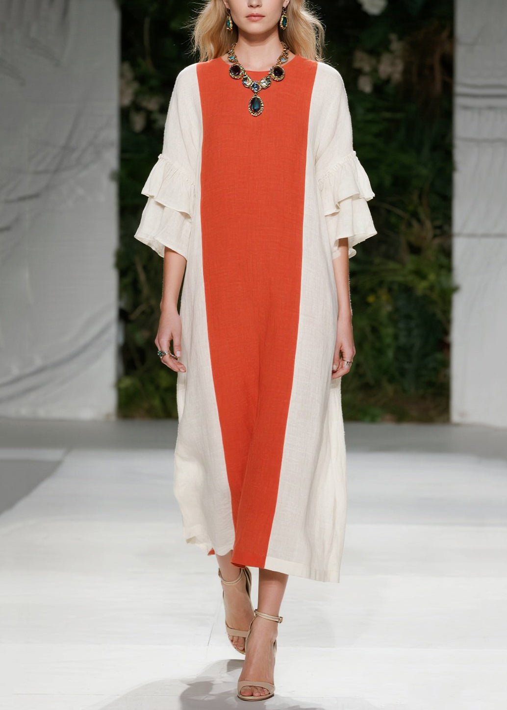 Crew Neck Colorblock Linen Double Ruffle Flounce Sleeve Midi Dress