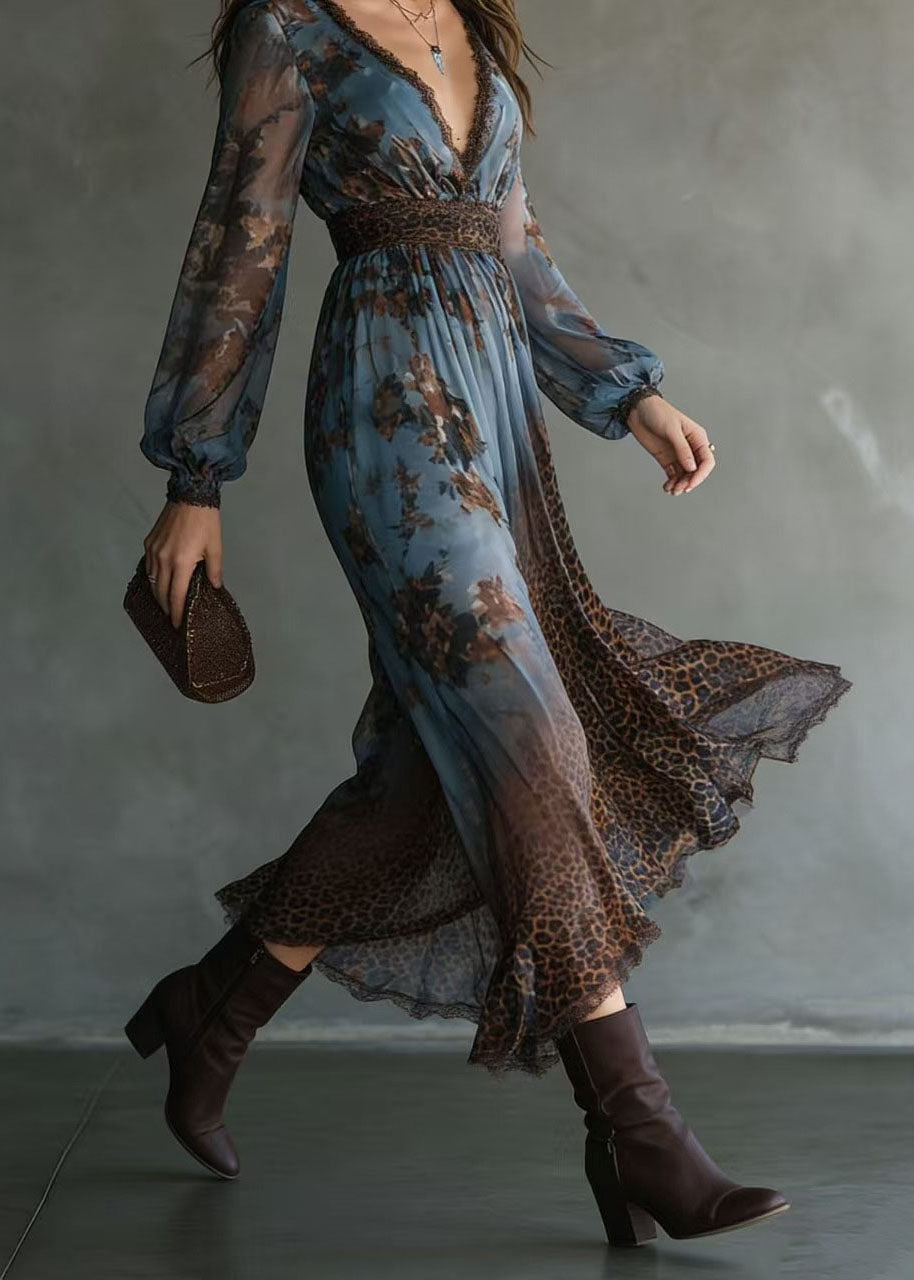 Deep V-Neck Lace Trim Bishop Sleeve Wildcat Waistband Mixed Print Maxi Dress