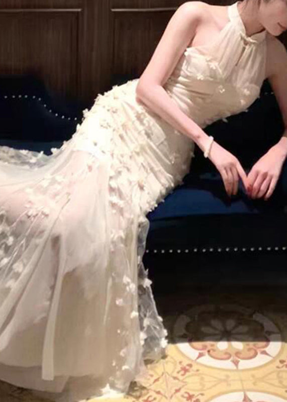 Mandarin Collar 3D Floral Applique Sheer Panel Mermaid Gown