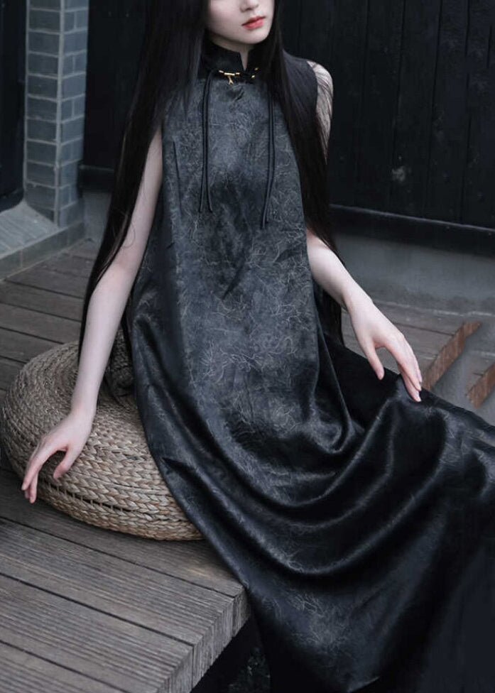 Mandarin Collar Toggle Detail Crinkle Texture Sleeveless Maxi Dress