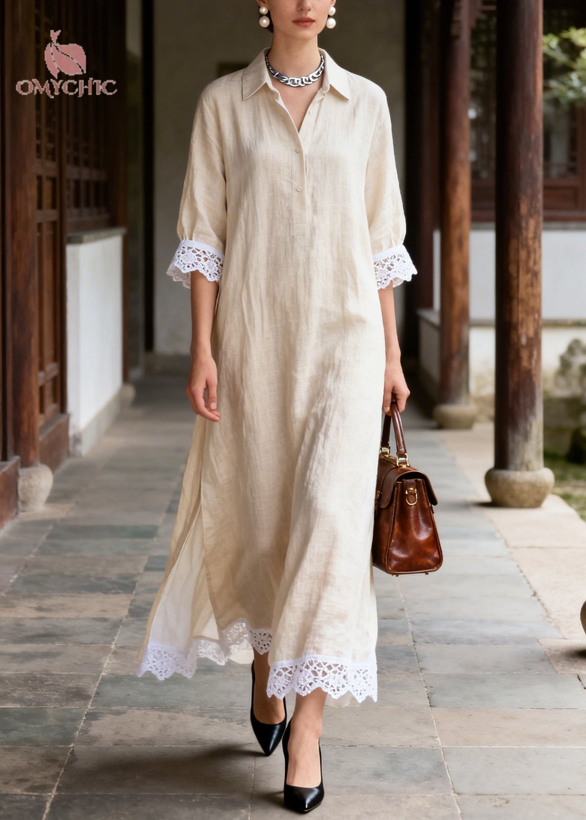 Pointed Collar Lace Trim Cuff Hem Side Slit Linen Maxi Shirt Dress