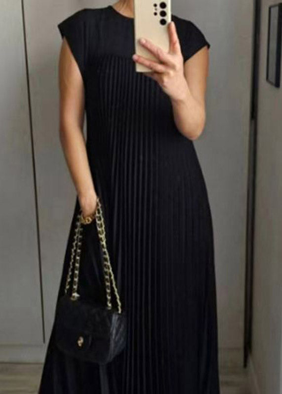 Crew Neck Cap Sleeve Vertical Pleated Ankle Length Dress