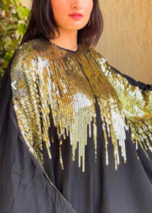 High Neck Sequin Rainfall Cape Sleeve Floor Length Maxi Gown