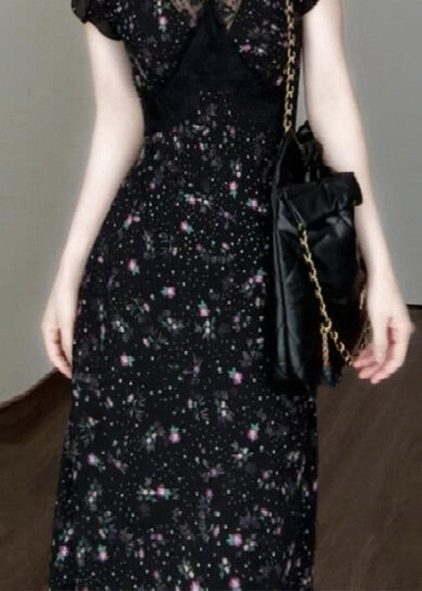 Deep V-Neck Lace Trim Flutter Sleeve Ditsy Floral Midi Dress